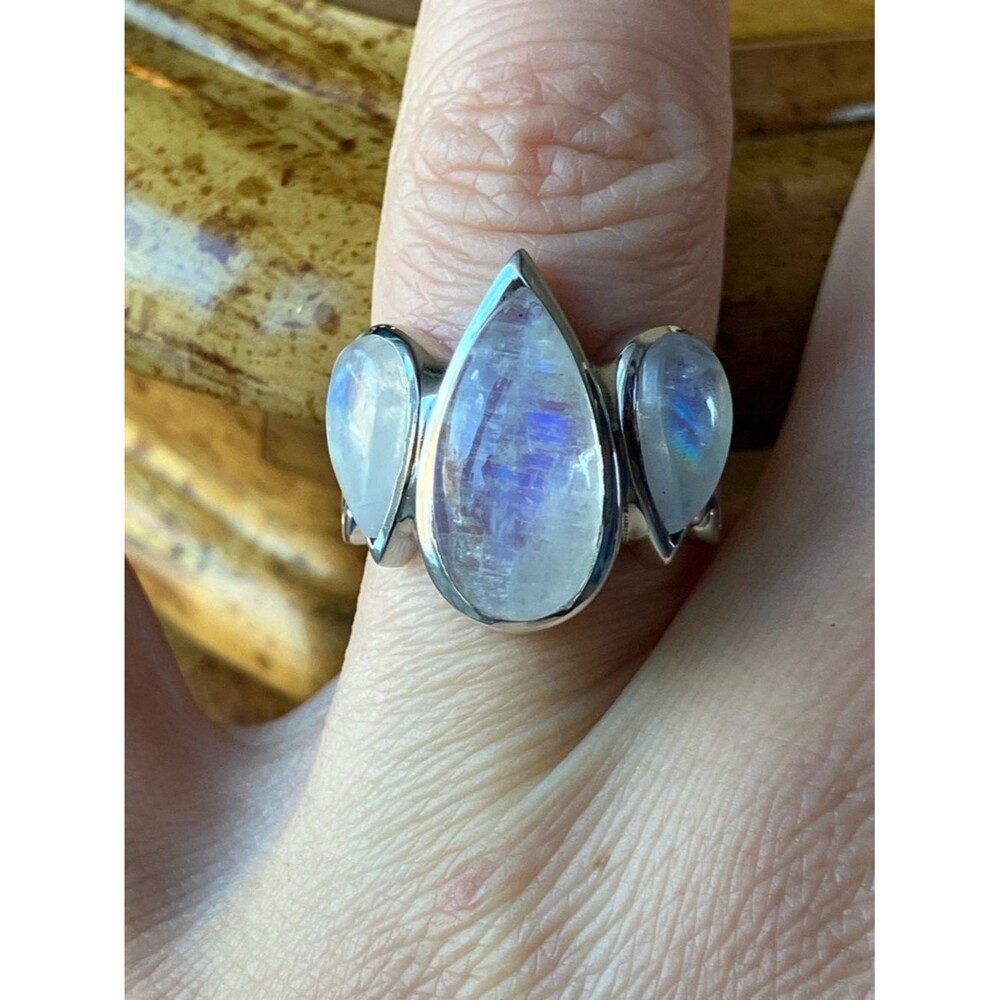 Natural Rainbow Moonstone Sterling Silver Ring Size 5.75